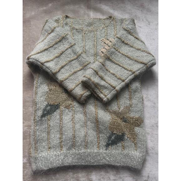 Vintage Mohair Wool Sweater gold metallic striped floral sage Mint green glam - Picture 16 of 16